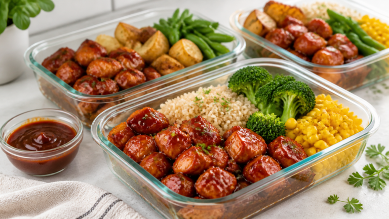 Air fryer BBQ chicken meal prep containers with rice, vegetables, corn, and sauce