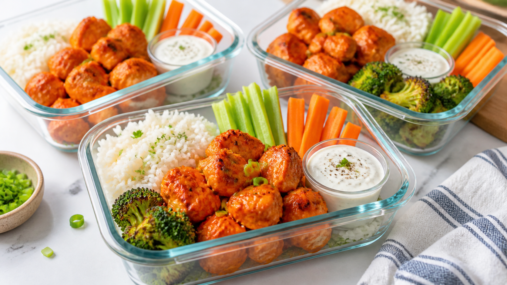 Air fryer buffalo chicken meal prep bowls with rice, vegetables, and ranch sauce