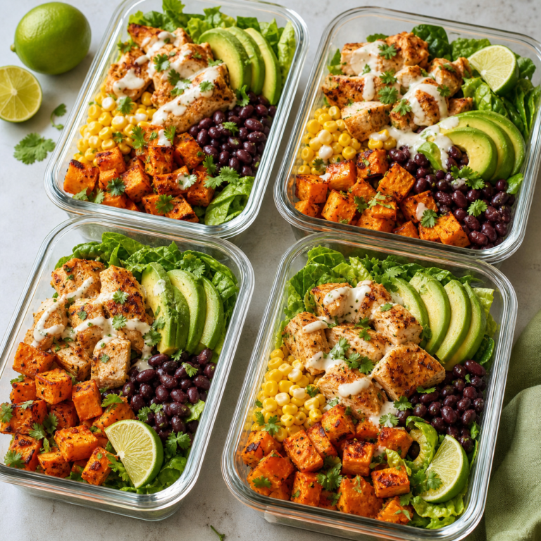 Air fryer chicken and sweet potato meal prep bowls with greens, beans, avocado, corn, and lime