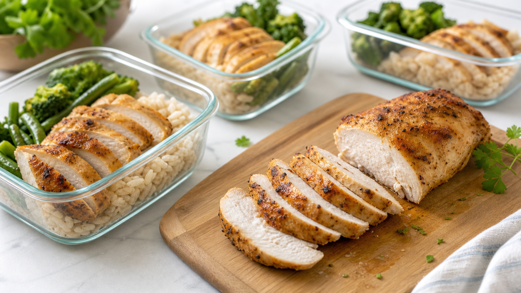 Sliced air fryer chicken breast in meal prep containers with rice and vegetables