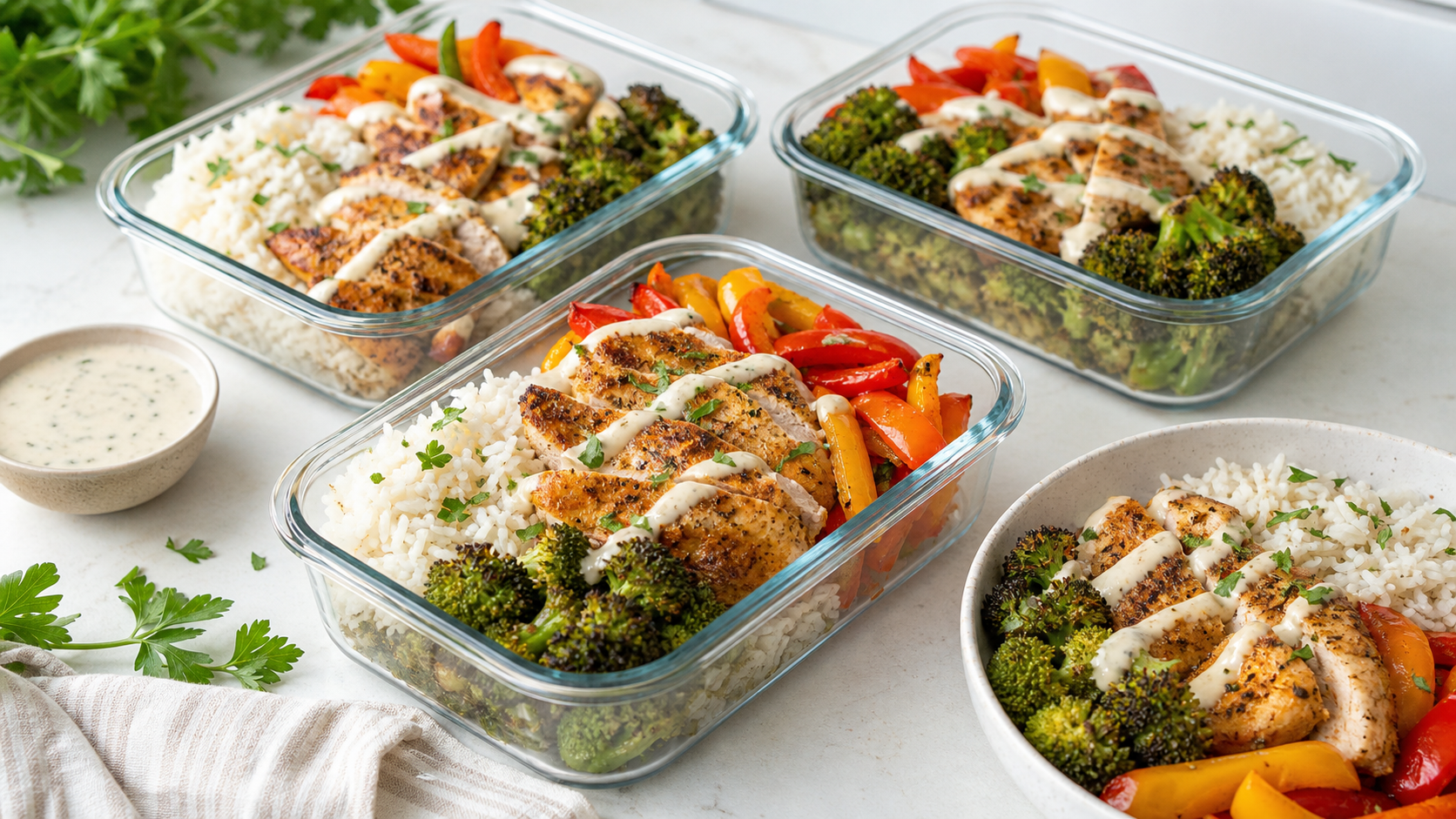 Air fryer chicken meal prep bowls with rice, broccoli, peppers, and sauce