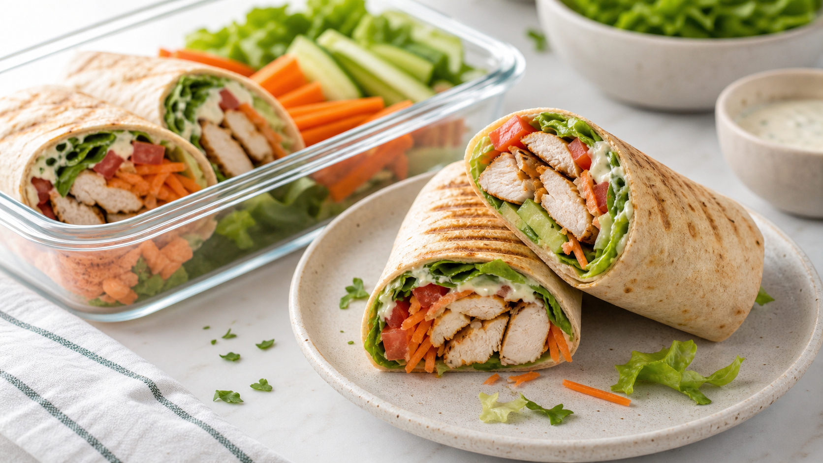 Air fryer chicken wraps with lettuce, vegetables, and creamy sauce