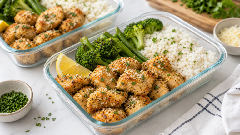 Air fryer garlic parmesan chicken bites with rice and green vegetables