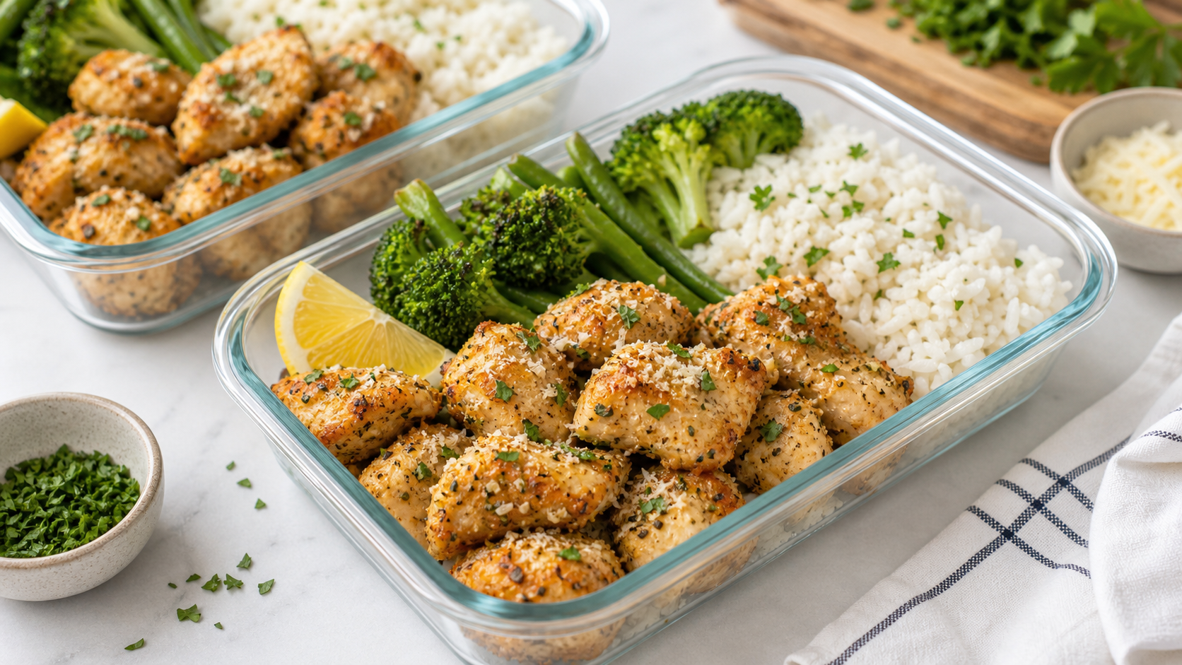 Air fryer garlic parmesan chicken bites with rice and green vegetables