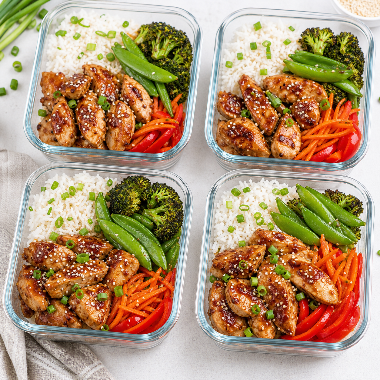 Air fryer teriyaki chicken bowls with rice, broccoli, snap peas, carrots, sesame seeds, and green onion