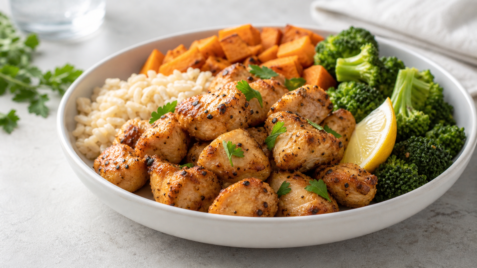 High-protein air fryer chicken bites in a meal prep bowl with vegetables