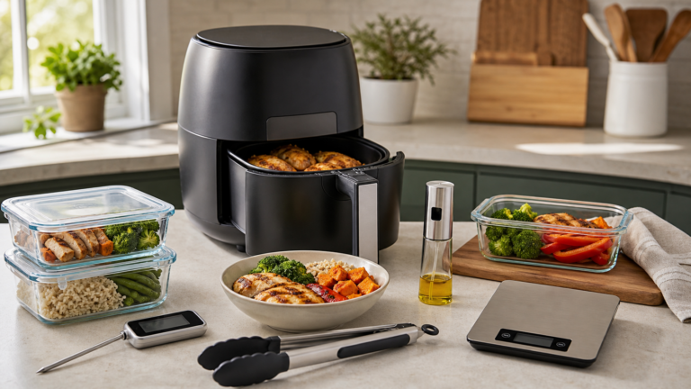 Air fryer meal prep gear with containers, thermometer, tongs, oil sprayer, food scale, and chicken bowls